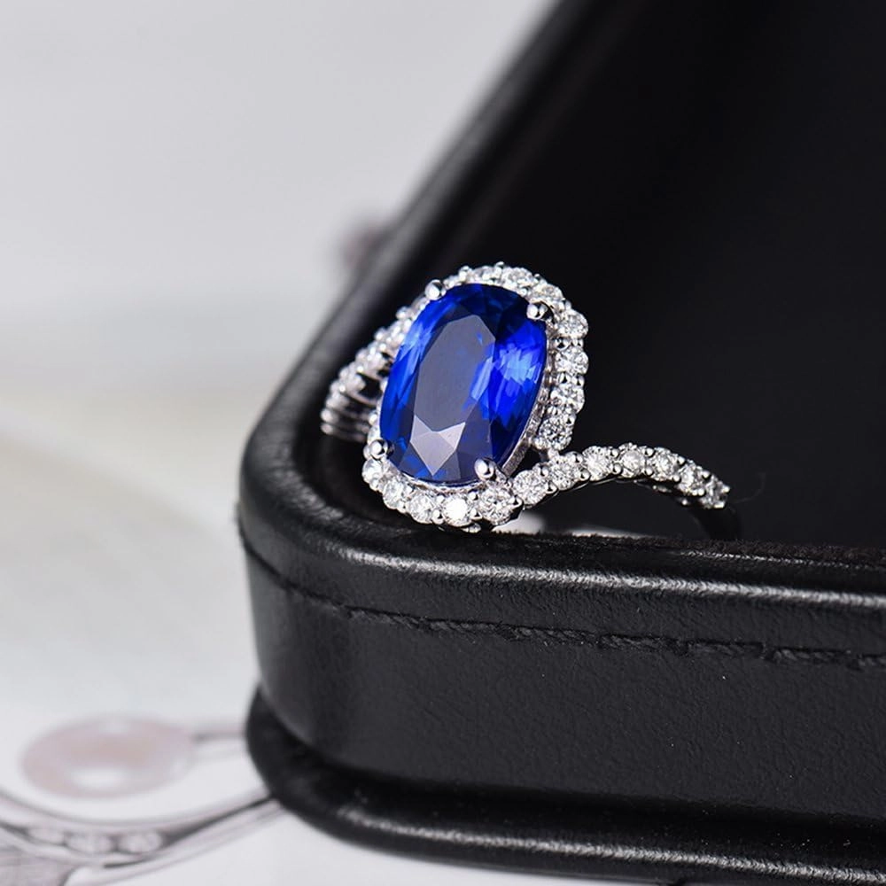 Sapphire Ring For Women, 14K Solid White Gold Rings - Blue Sapphire Ring with Diamond, Oval 7x9mm Natural Sapphire Rings & Real Diamond Gemstone Rings For Couple Engagement Ring