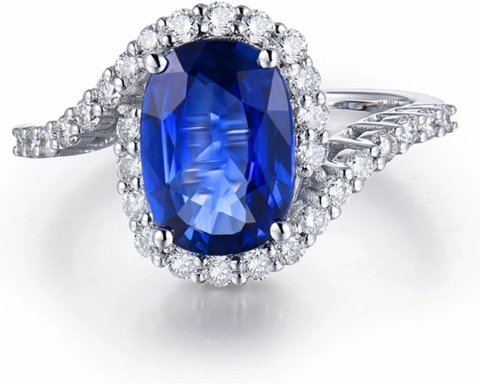 Sapphire Ring For Women, 14K Solid White Gold Rings - Blue Sapphire Ring with Diamond, Oval 7x9mm Natural Sapphire Rings & Real Diamond Gemstone Rings For Couple Engagement Ring