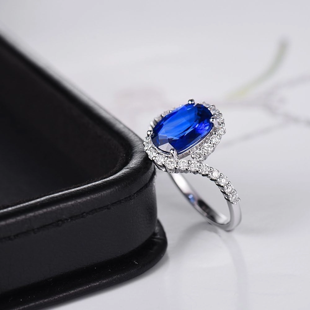 Sapphire Ring For Women, 14K Solid White Gold Rings - Blue Sapphire Ring with Diamond, Oval 7x9mm Natural Sapphire Rings & Real Diamond Gemstone Rings For Couple Engagement Ring