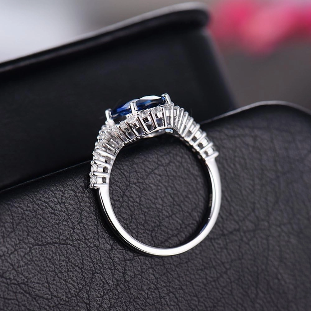Sapphire Ring For Women, 14K Solid White Gold Rings - Blue Sapphire Ring with Diamond, Oval 7x9mm Natural Sapphire Rings & Real Diamond Gemstone Rings For Couple Engagement Ring