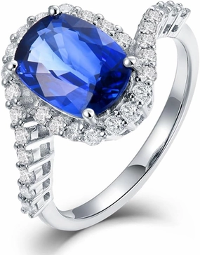 Sapphire Ring For Women, 14K Solid White Gold Rings - Blue Sapphire Ring with Diamond, Oval 7x9mm Natural Sapphire Rings & Real Diamond Gemstone Rings For Couple Engagement Ring
