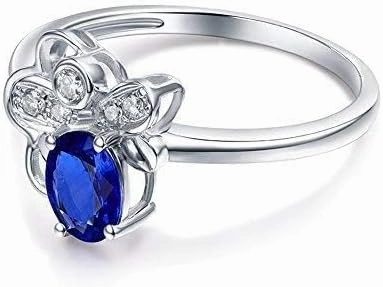 Sapphire Ring For Women, 14K White Gold Rings - Blue Sapphire Ring with Diamond, Flowers Design Natural Sapphire Rings & Real Diamond Gemstone Rings For Couple Engagement Ring