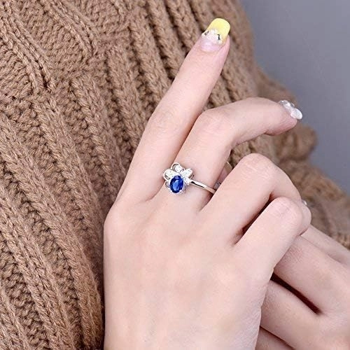 Sapphire Ring For Women, 14K White Gold Rings - Blue Sapphire Ring with Diamond, Flowers Design Natural Sapphire Rings & Real Diamond Gemstone Rings For Couple Engagement Ring