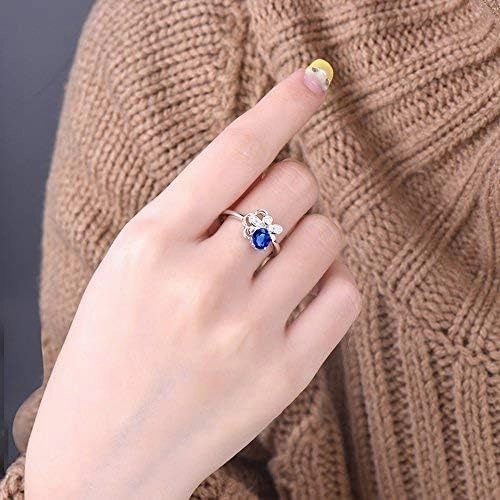 Sapphire Ring For Women, 14K White Gold Rings - Blue Sapphire Ring with Diamond, Flowers Design Natural Sapphire Rings & Real Diamond Gemstone Rings For Couple Engagement Ring