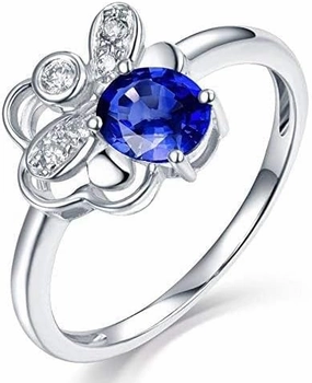 Sapphire Ring For Women, 14K White Gold Rings - Blue Sapphire Ring with Diamond, Flowers Design Natural Sapphire Rings & Real Diamond Gemstone Rings For Couple Engagement Ring