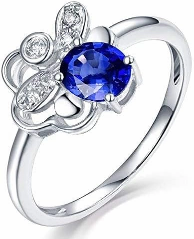Sapphire Ring For Women, 14K White Gold Rings - Blue Sapphire Ring with Diamond, Flowers Design Natural Sapphire Rings & Real Diamond Gemstone Rings For Couple Engagement Ring
