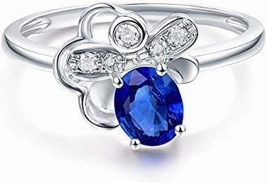 Sapphire Ring For Women, 14K White Gold Rings - Blue Sapphire Ring with Diamond, Flowers Design Natural Sapphire Rings & Real Diamond Gemstone Rings For Couple Engagement Ring