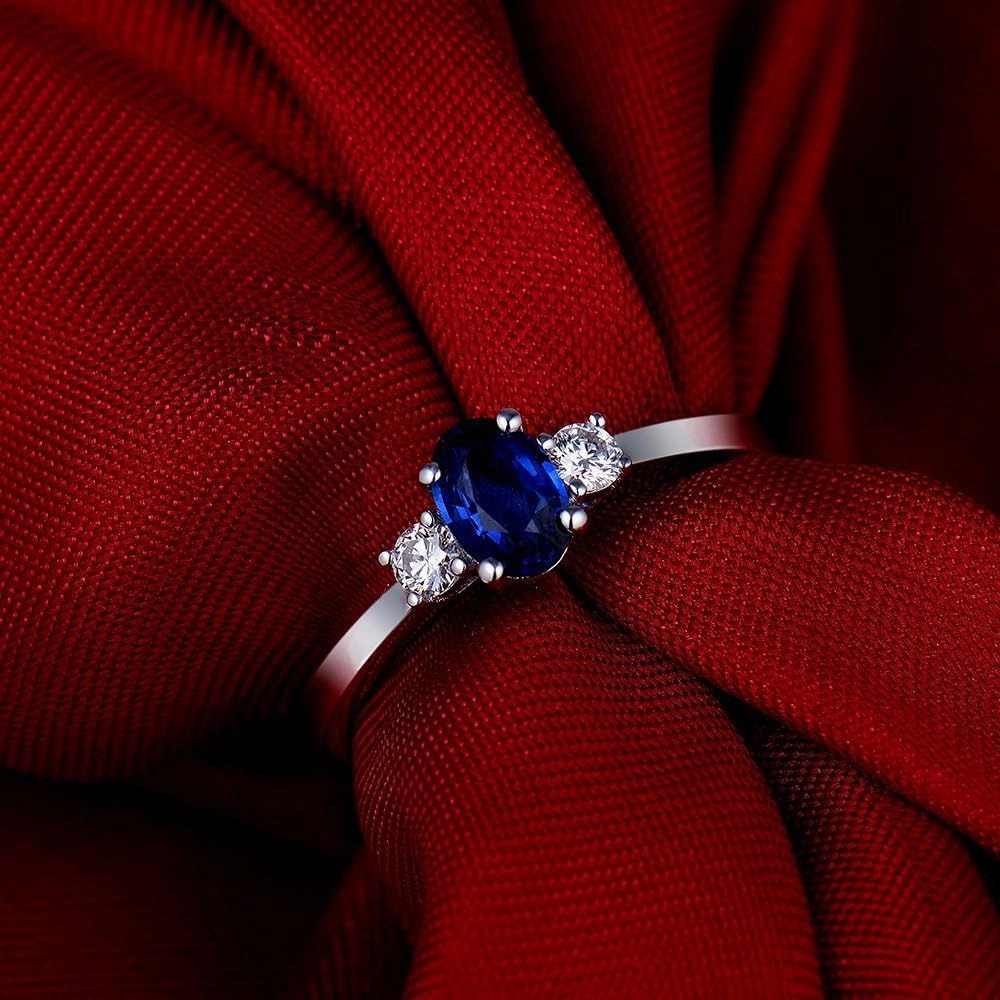 Sapphire Ring For Women, 14K White Gold Rings - Blue Sapphire Ring with Diamond, Natural Oval 4x6mm Sapphire Rings & Real Diamond Gemstone Rings For Couple Engagement Ring