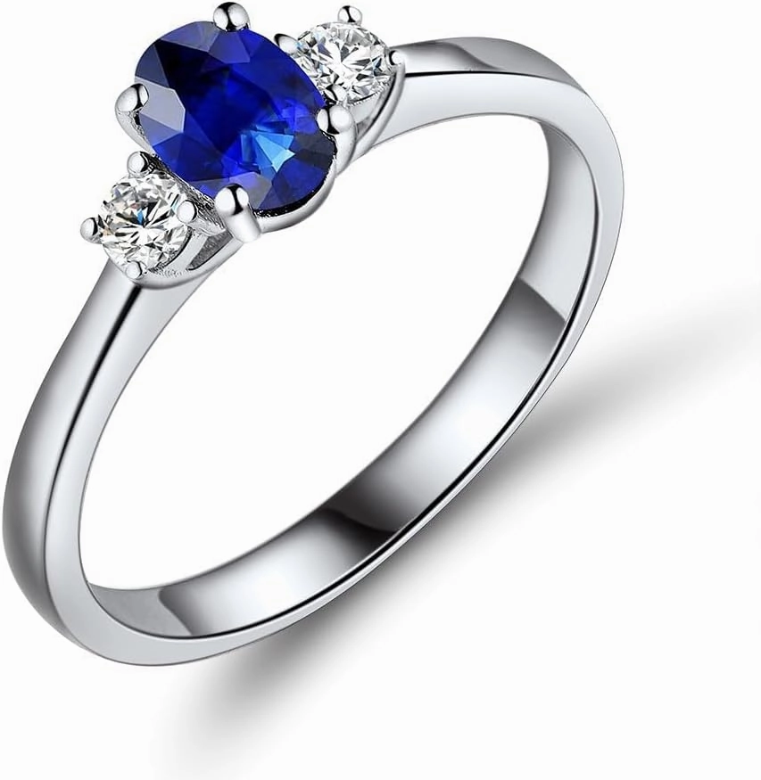 Sapphire Ring For Women, 14K White Gold Rings - Blue Sapphire Ring with Diamond, Natural Oval 4x6mm Sapphire Rings & Real Diamond Gemstone Rings For Couple Engagement Ring