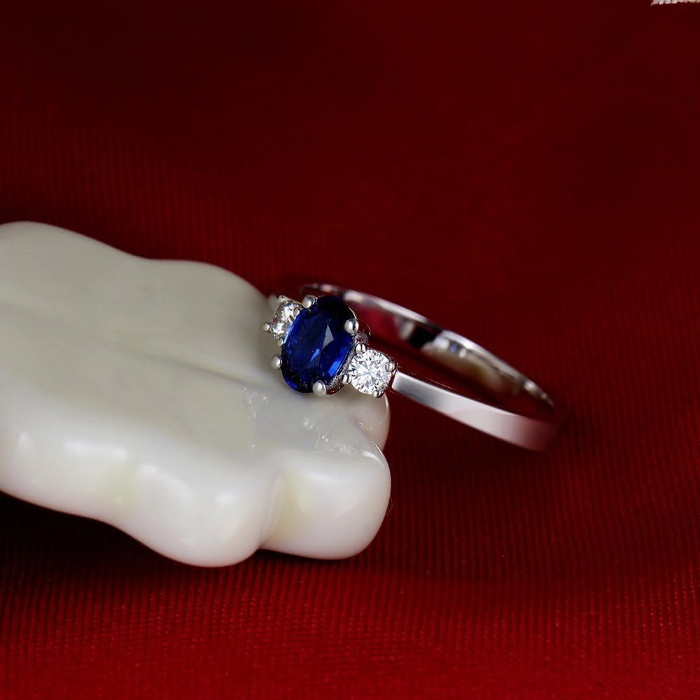 Sapphire Ring For Women, 14K White Gold Rings - Blue Sapphire Ring with Diamond, Natural Oval 4x6mm Sapphire Rings & Real Diamond Gemstone Rings For Couple Engagement Ring