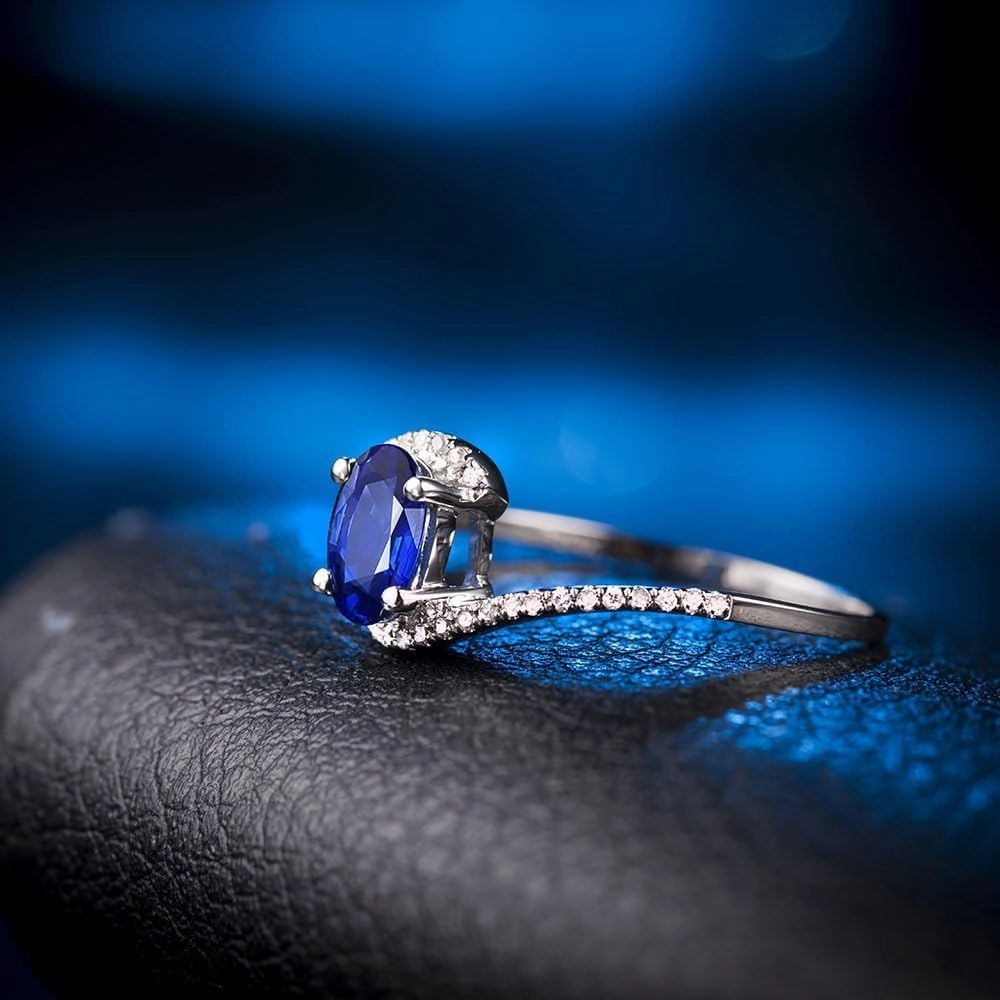 Sapphire Ring For Women, 14K White Gold Rings - Blue Sapphire Ring with Diamond, Natural Sapphire Blue Stone Ring & Real Diamond Gemstone Rings For Couple Engagement Ring