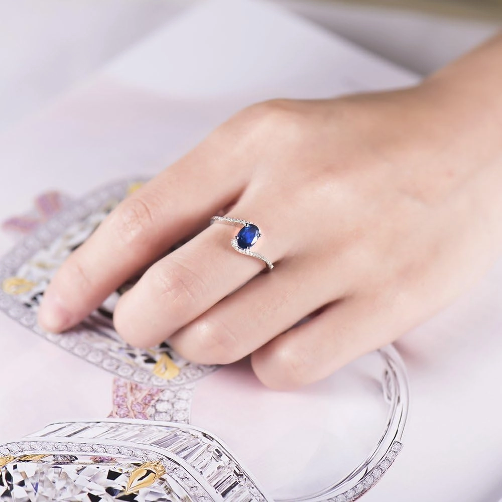 Sapphire Ring For Women, 14K White Gold Rings - Blue Sapphire Ring with Diamond, Natural Sapphire Blue Stone Ring & Real Diamond Gemstone Rings For Couple Engagement Ring