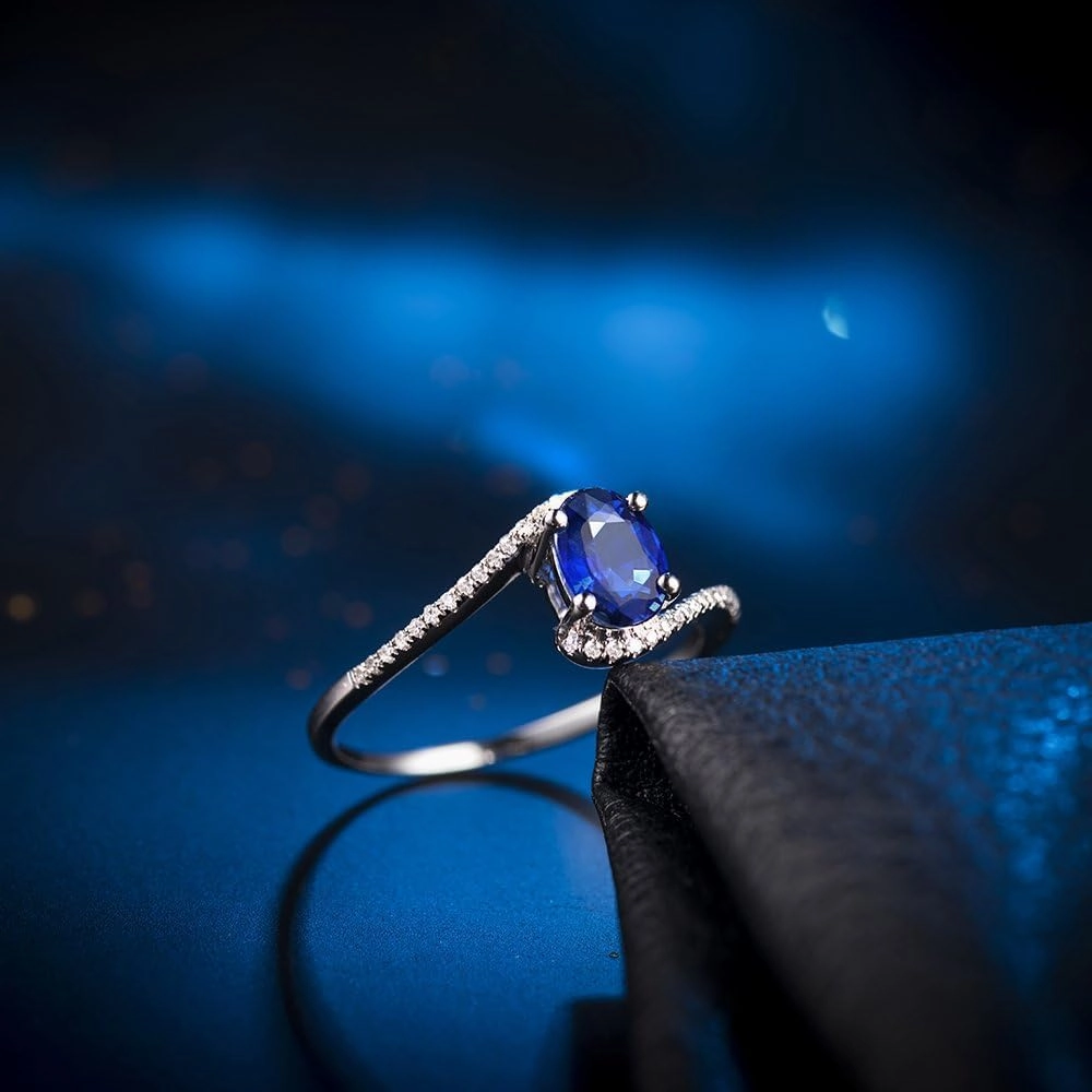 Sapphire Ring For Women, 14K White Gold Rings - Blue Sapphire Ring with Diamond, Natural Sapphire Blue Stone Ring & Real Diamond Gemstone Rings For Couple Engagement Ring