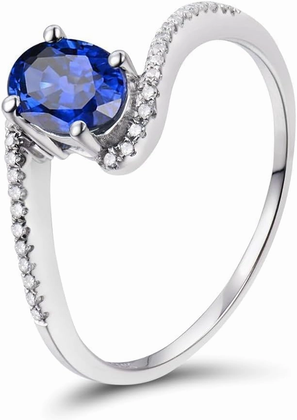 Sapphire Ring For Women, 14K White Gold Rings - Blue Sapphire Ring with Diamond, Natural Sapphire Blue Stone Ring & Real Diamond Gemstone Rings For Couple Engagement Ring