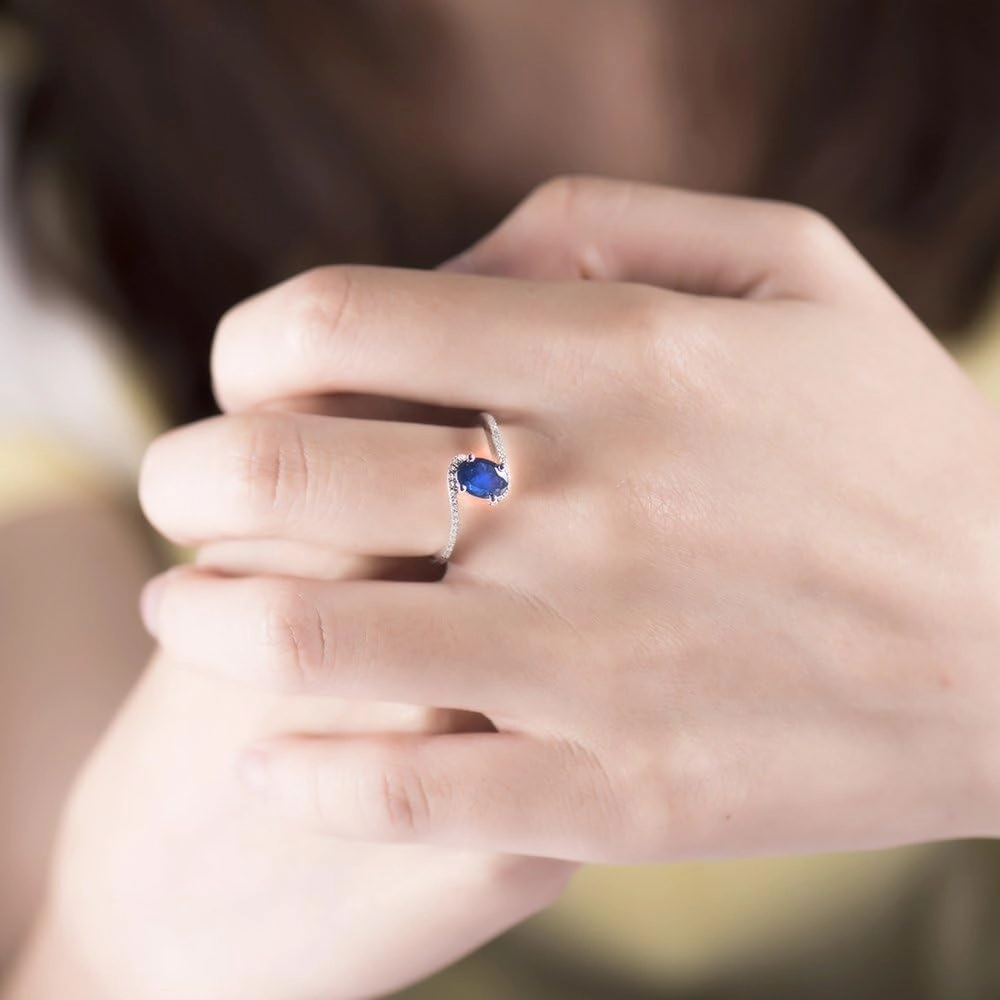 Sapphire Ring For Women, 14K White Gold Rings - Blue Sapphire Ring with Diamond, Natural Sapphire Blue Stone Ring & Real Diamond Gemstone Rings For Couple Engagement Ring