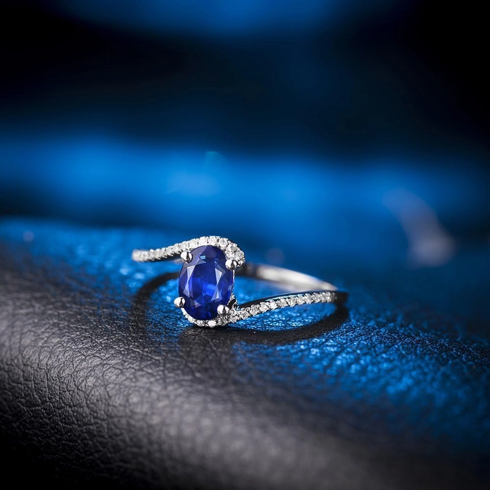 Sapphire Ring For Women, 14K White Gold Rings - Blue Sapphire Ring with Diamond, Natural Sapphire Blue Stone Ring & Real Diamond Gemstone Rings For Couple Engagement Ring