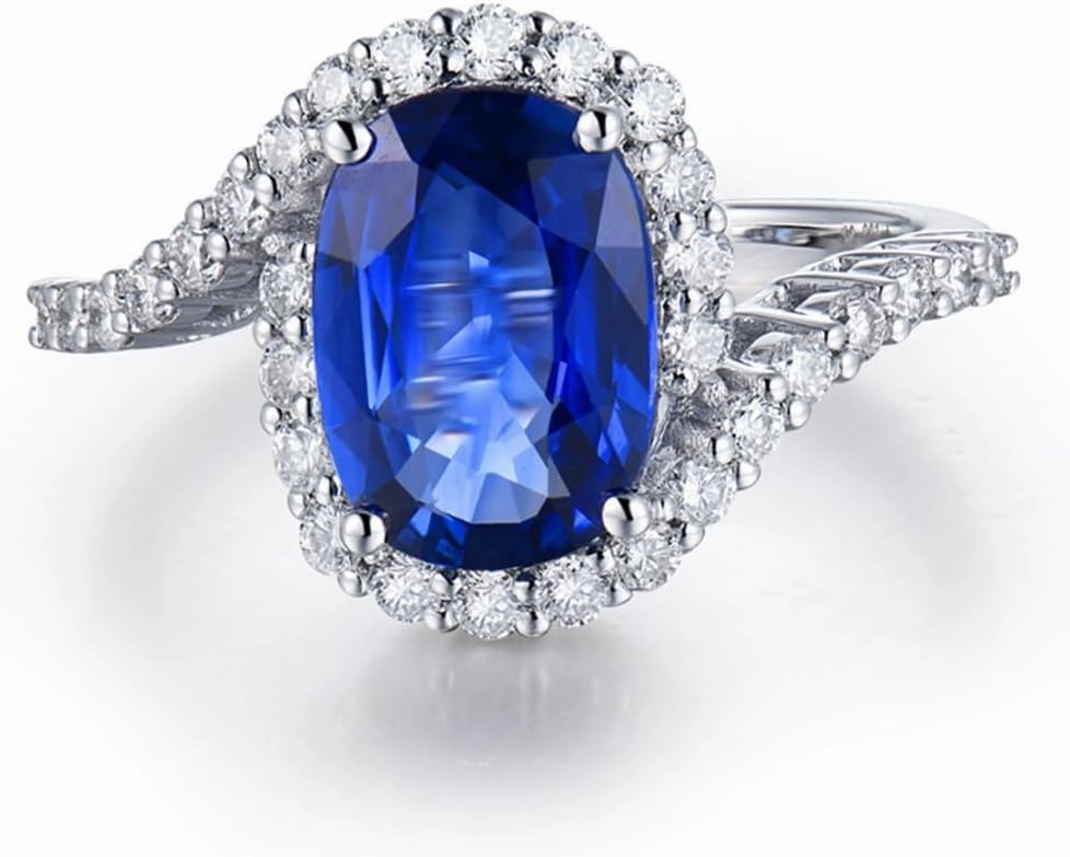 Sapphire Ring For Women, 14K White Gold Rings - Blue Sapphire Ring With Diamond, Natural Sapphire Rings & Real Diamond Gemstone Rings For Couple Engagement Ring