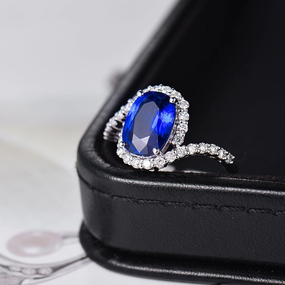 Sapphire Ring For Women, 14K White Gold Rings - Blue Sapphire Ring With Diamond, Natural Sapphire Rings & Real Diamond Gemstone Rings For Couple Engagement Ring