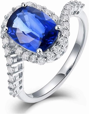 Sapphire Ring For Women, 14K White Gold Rings - Blue Sapphire Ring With Diamond, Natural Sapphire Rings & Real Diamond Gemstone Rings For Couple Engagement Ring