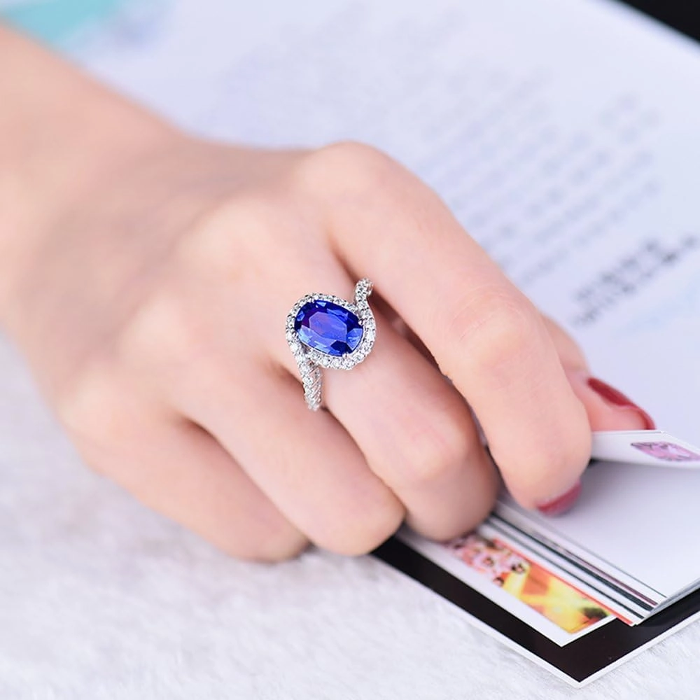 Sapphire Ring For Women, 14K White Gold Rings - Blue Sapphire Ring With Diamond, Natural Sapphire Rings & Real Diamond Gemstone Rings For Couple Engagement Ring