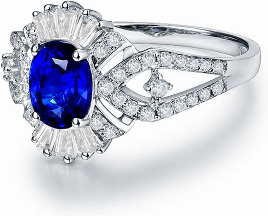 Sapphire Ring For Women, 18K Solid White Gold Rings - Blue Sapphire Ring with Diamond, Natural Sapphire Cluster Ring & Real Diamond Gemstone Rings For Couple Engagement Ring