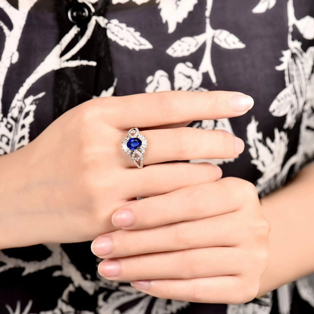 Sapphire Ring For Women, 18K Solid White Gold Rings - Blue Sapphire Ring with Diamond, Natural Sapphire Cluster Ring & Real Diamond Gemstone Rings For Couple Engagement Ring