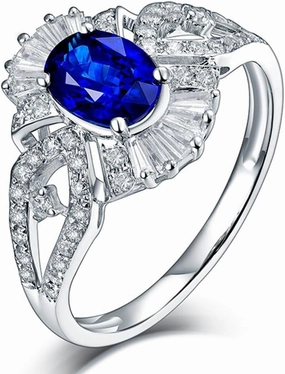 Sapphire Ring For Women, 18K Solid White Gold Rings - Blue Sapphire Ring with Diamond, Natural Sapphire Cluster Ring & Real Diamond Gemstone Rings For Couple Engagement Ring