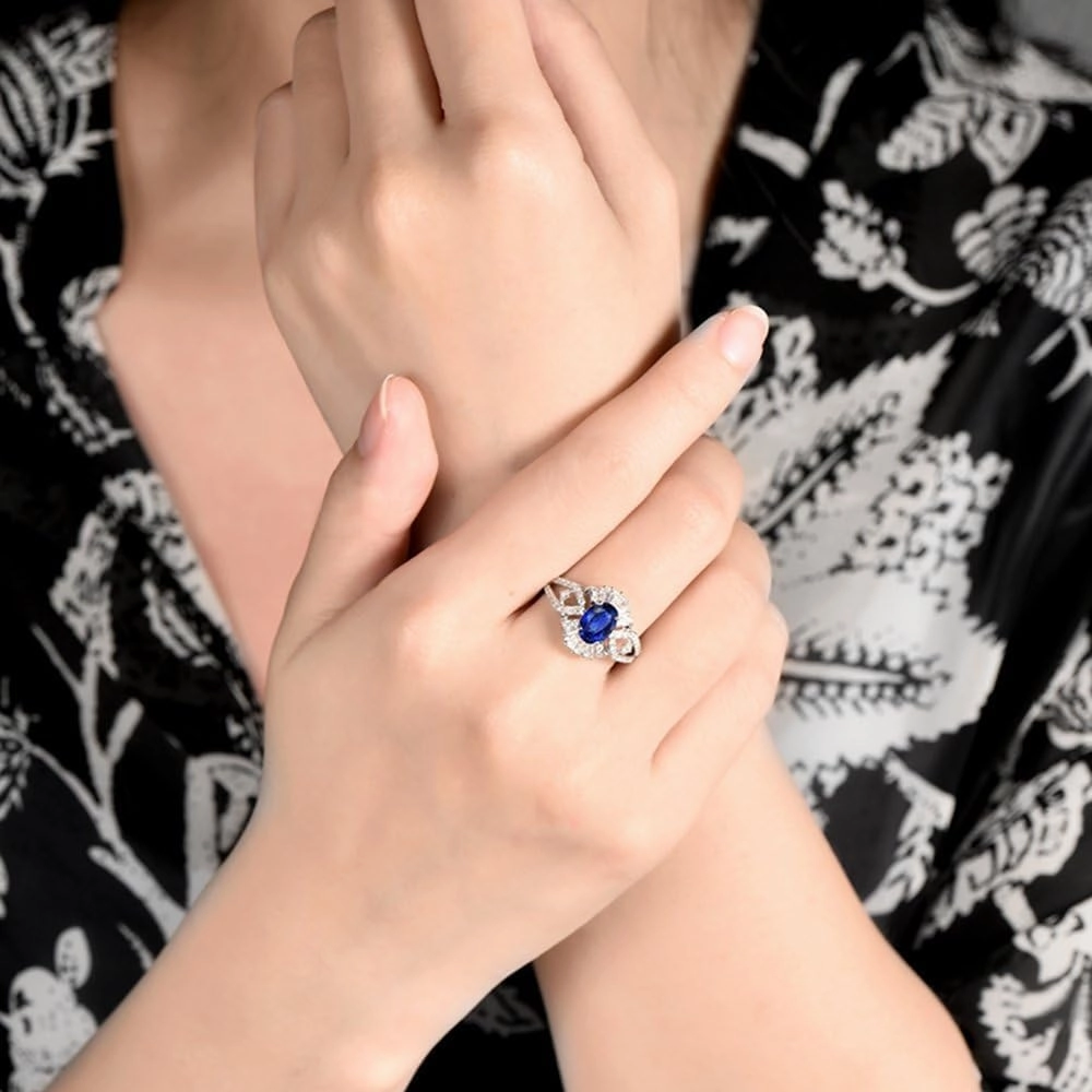 Sapphire Ring For Women, 18K Solid White Gold Rings - Blue Sapphire Ring with Diamond, Natural Sapphire Cluster Ring & Real Diamond Gemstone Rings For Couple Engagement Ring