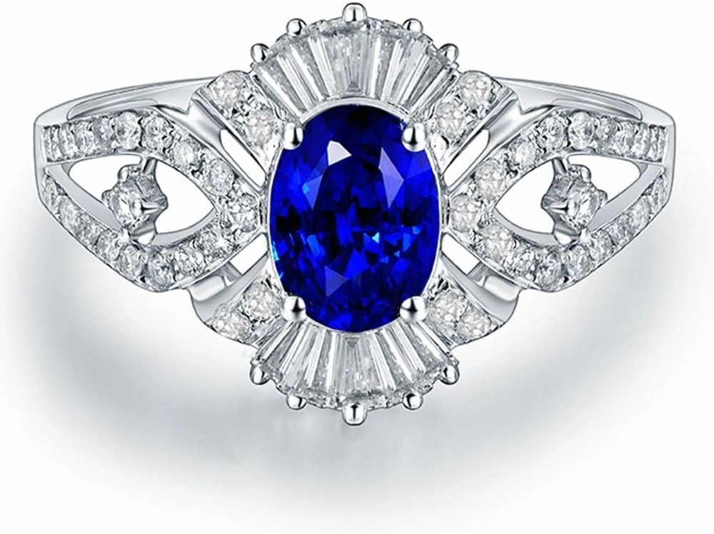 Sapphire Ring For Women, 18K Solid White Gold Rings - Blue Sapphire Ring with Diamond, Natural Sapphire Cluster Ring & Real Diamond Gemstone Rings For Couple Engagement Ring