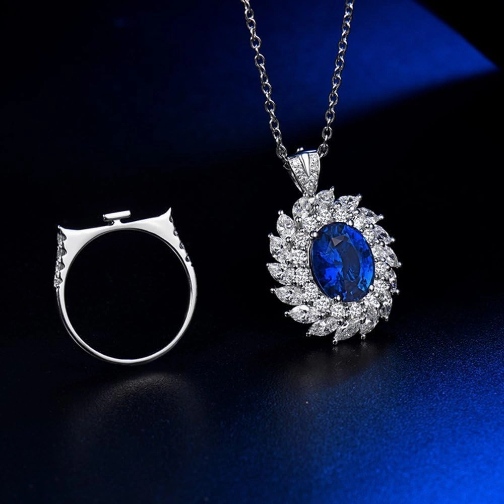 Sapphire Ring Pendant 2 in 1 Set For Women, 18K White Gold Rings - Blue Sapphire Ring with Diamond, Natural Sapphire Rings and Real Diamond Ring For Couple Engagement Ring & Necklace