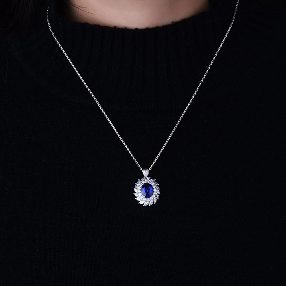 Sapphire Ring Pendant 2 in 1 Set For Women, 18K White Gold Rings - Blue Sapphire Ring with Diamond, Natural Sapphire Rings and Real Diamond Ring For Couple Engagement Ring & Necklace