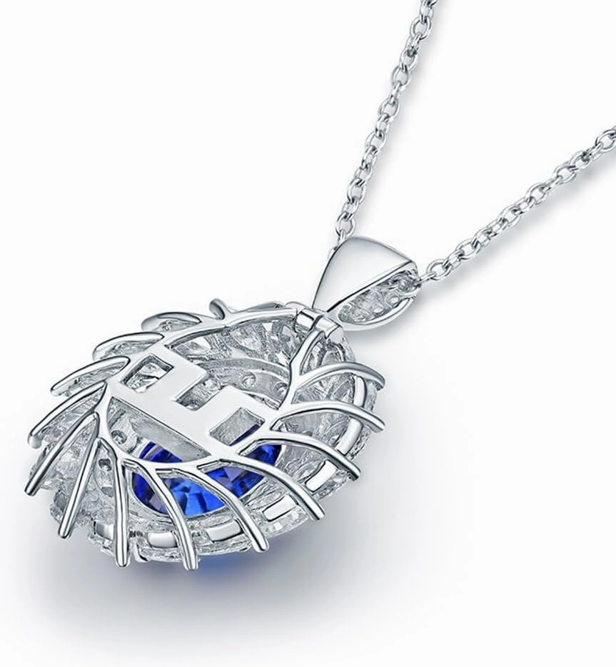 Sapphire Ring Pendant 2 in 1 Set For Women, 18K White Gold Rings - Blue Sapphire Ring with Diamond, Natural Sapphire Rings and Real Diamond Ring For Couple Engagement Ring & Necklace