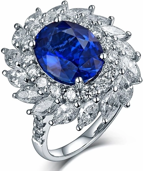 Sapphire Ring Pendant 2 in 1 Set For Women, 18K White Gold Rings - Blue Sapphire Ring with Diamond, Natural Sapphire Rings and Real Diamond Ring For Couple Engagement Ring & Necklace
