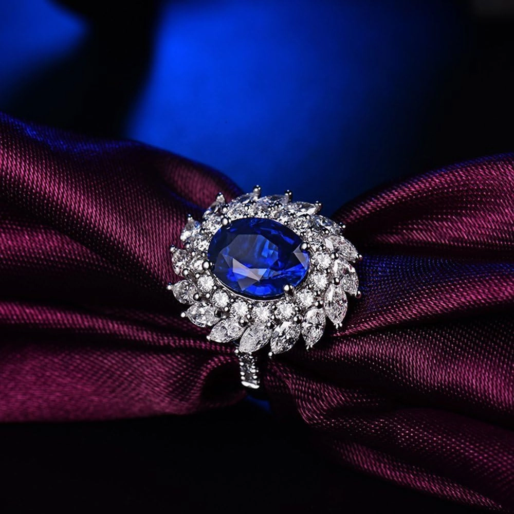 Sapphire Ring Pendant 2 in 1 Set For Women, 18K White Gold Rings - Blue Sapphire Ring with Diamond, Natural Sapphire Rings and Real Diamond Ring For Couple Engagement Ring & Necklace