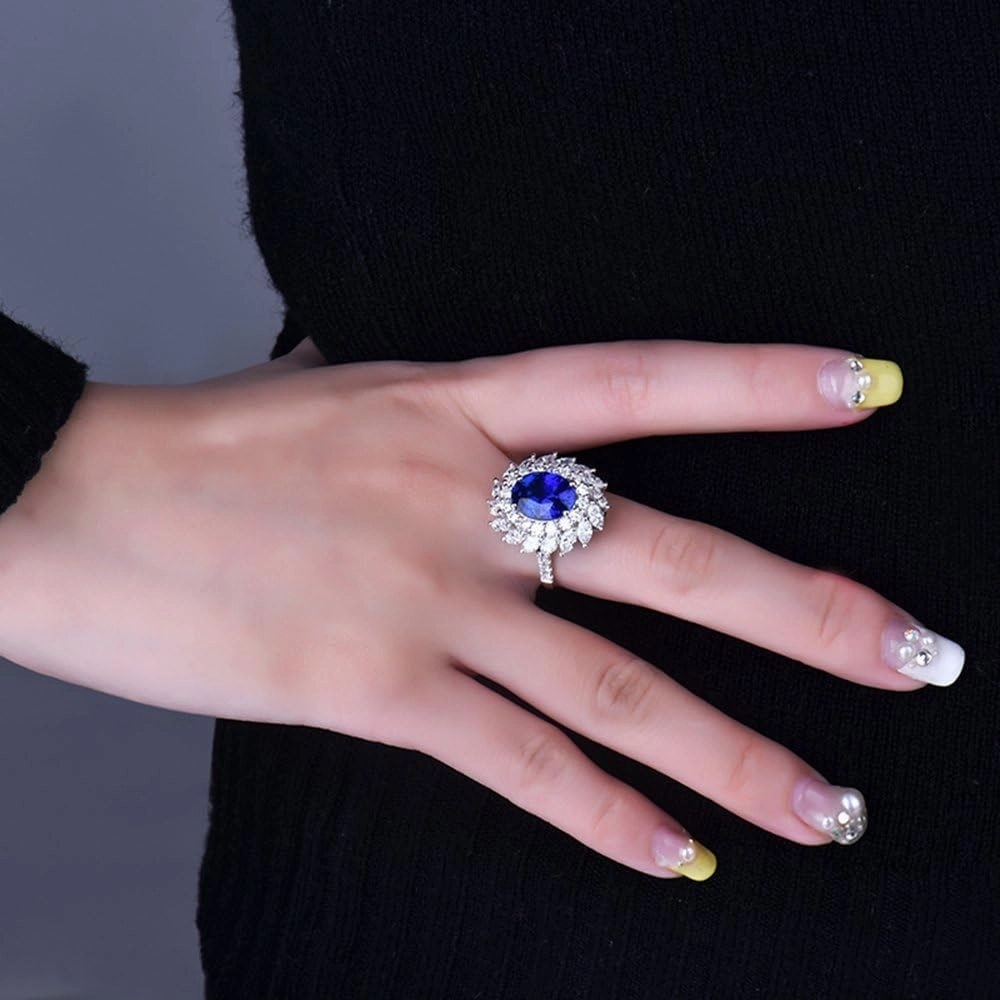 Sapphire Ring Pendant 2 in 1 Set For Women, 18K White Gold Rings - Blue Sapphire Ring with Diamond, Natural Sapphire Rings and Real Diamond Ring For Couple Engagement Ring & Necklace