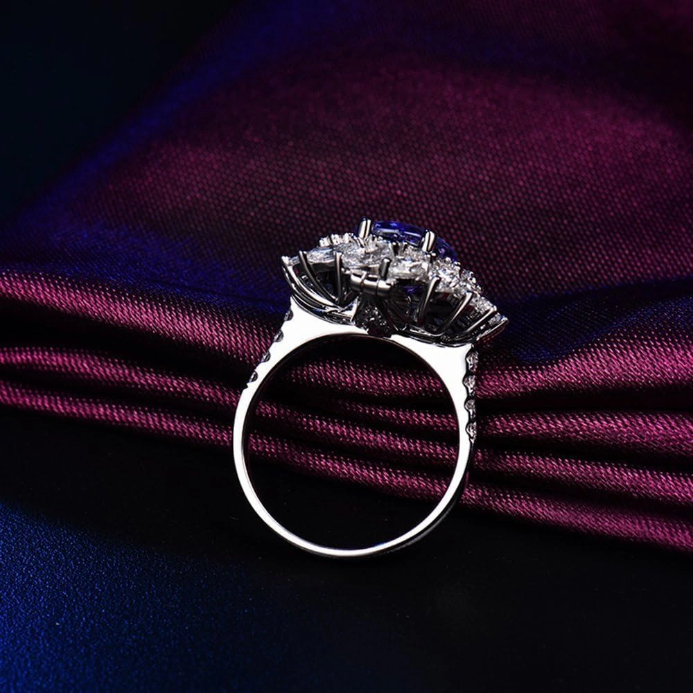 Sapphire Ring Pendant 2 in 1 Set For Women, 18K White Gold Rings - Blue Sapphire Ring with Diamond, Natural Sapphire Rings and Real Diamond Ring For Couple Engagement Ring & Necklace