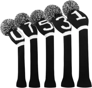 Scott Edward Knit Golf Club Cover with a Pom Set of 5 Head Covers Protect Driver Wood(460cc) 1 Fairway Wood2 and Hybrid/UT2 with Rotating Club Number Tags