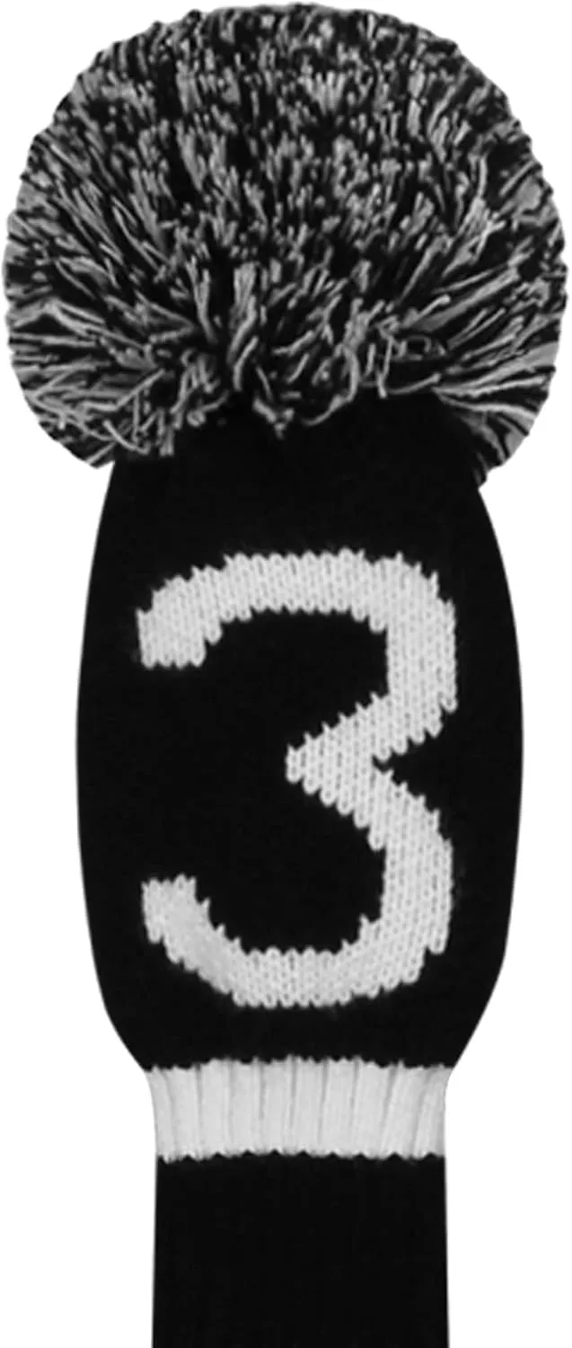 Scott Edward Knit Golf Club Cover with a Pom Set of 5 Head Covers Protect Driver Wood(460cc) 1 Fairway Wood2 and Hybrid/UT2 with Rotating Club Number Tags