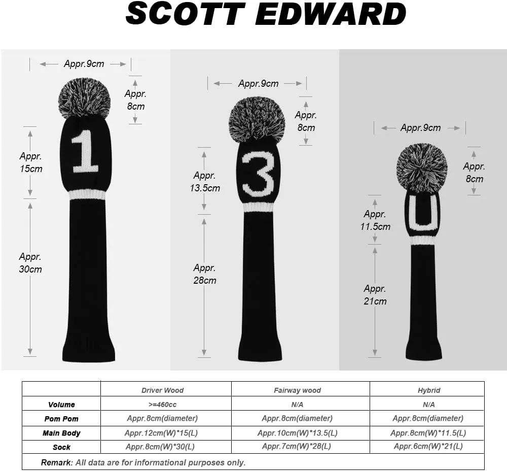 Scott Edward Knit Golf Club Cover with a Pom Set of 5 Head Covers Protect Driver Wood(460cc) 1 Fairway Wood2 and Hybrid/UT2 with Rotating Club Number Tags