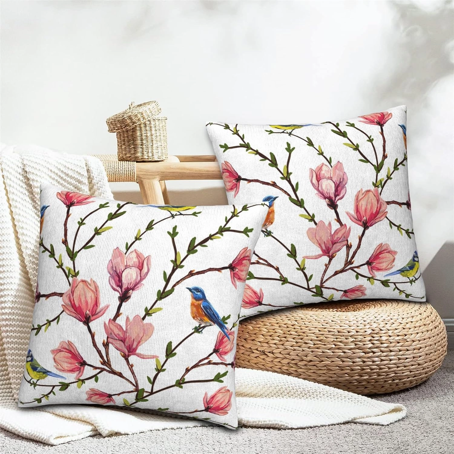 Set of 2 Birds on Magnolia Branches Throw Pillow Covers 18X18 in Tropical Flowers Decorative Throw Pillows Home Decor Pillowcase Linen Square Cushion Cover for Living Room Bedroom Bed