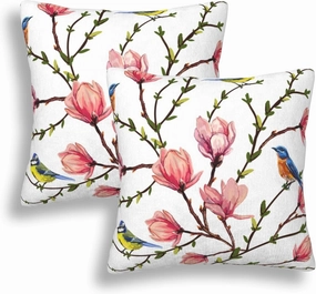 Set of 2 Birds on Magnolia Branches Throw Pillow Covers 18X18 in Tropical Flowers Decorative Throw Pillows Home Decor Pillowcase Linen Square Cushion Cover for Living Room Bedroom Bed