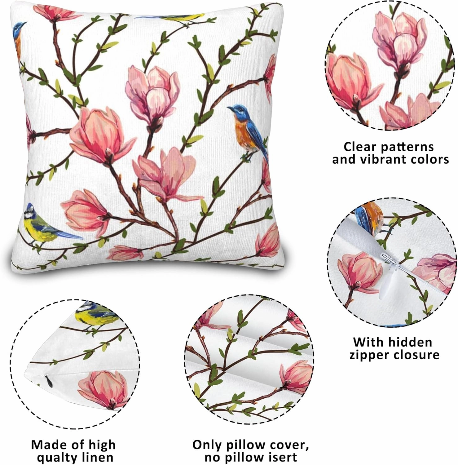 Set of 2 Birds on Magnolia Branches Throw Pillow Covers 18X18 in Tropical Flowers Decorative Throw Pillows Home Decor Pillowcase Linen Square Cushion Cover for Living Room Bedroom Bed