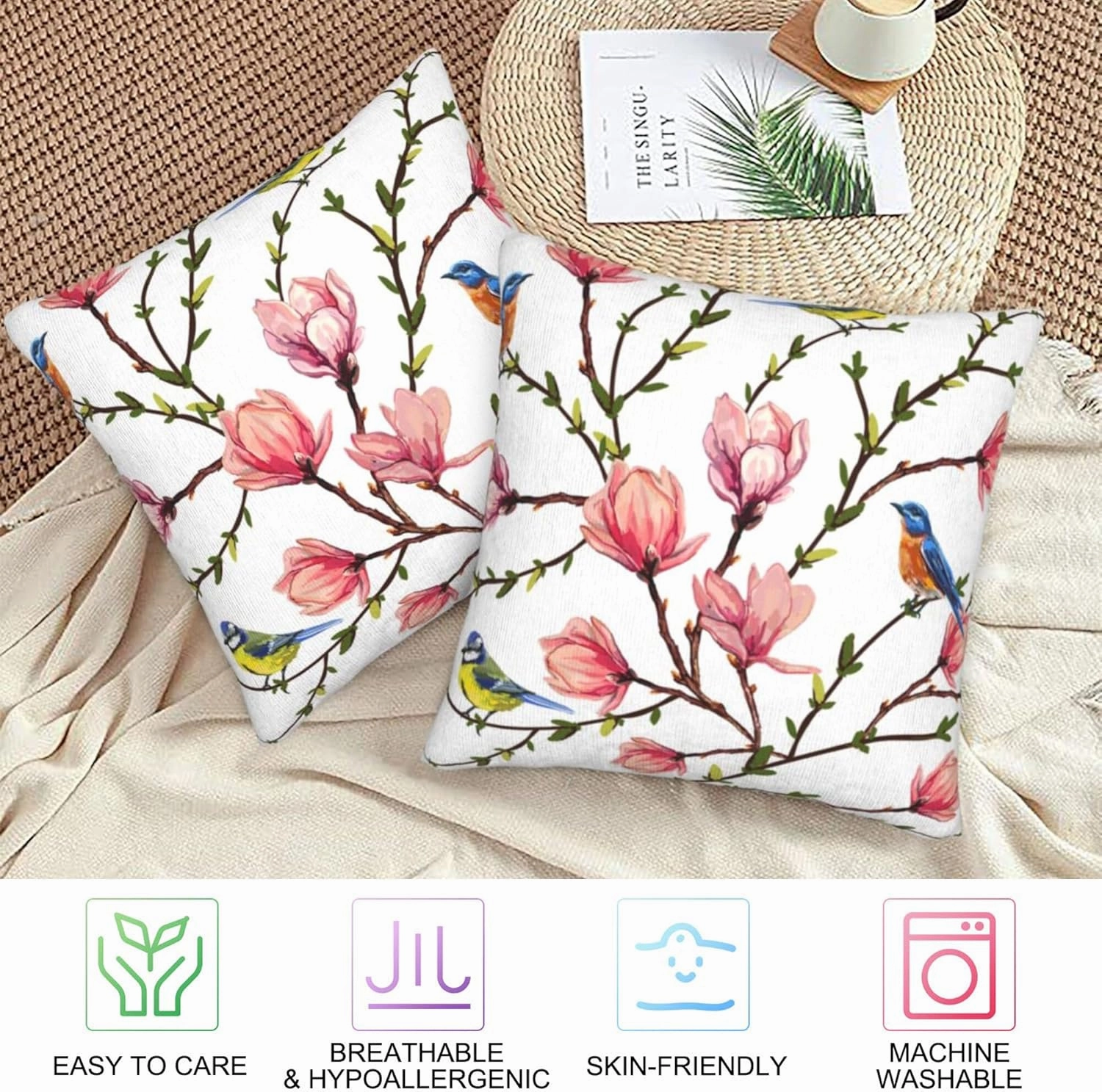 Set of 2 Birds on Magnolia Branches Throw Pillow Covers 18X18 in Tropical Flowers Decorative Throw Pillows Home Decor Pillowcase Linen Square Cushion Cover for Living Room Bedroom Bed
