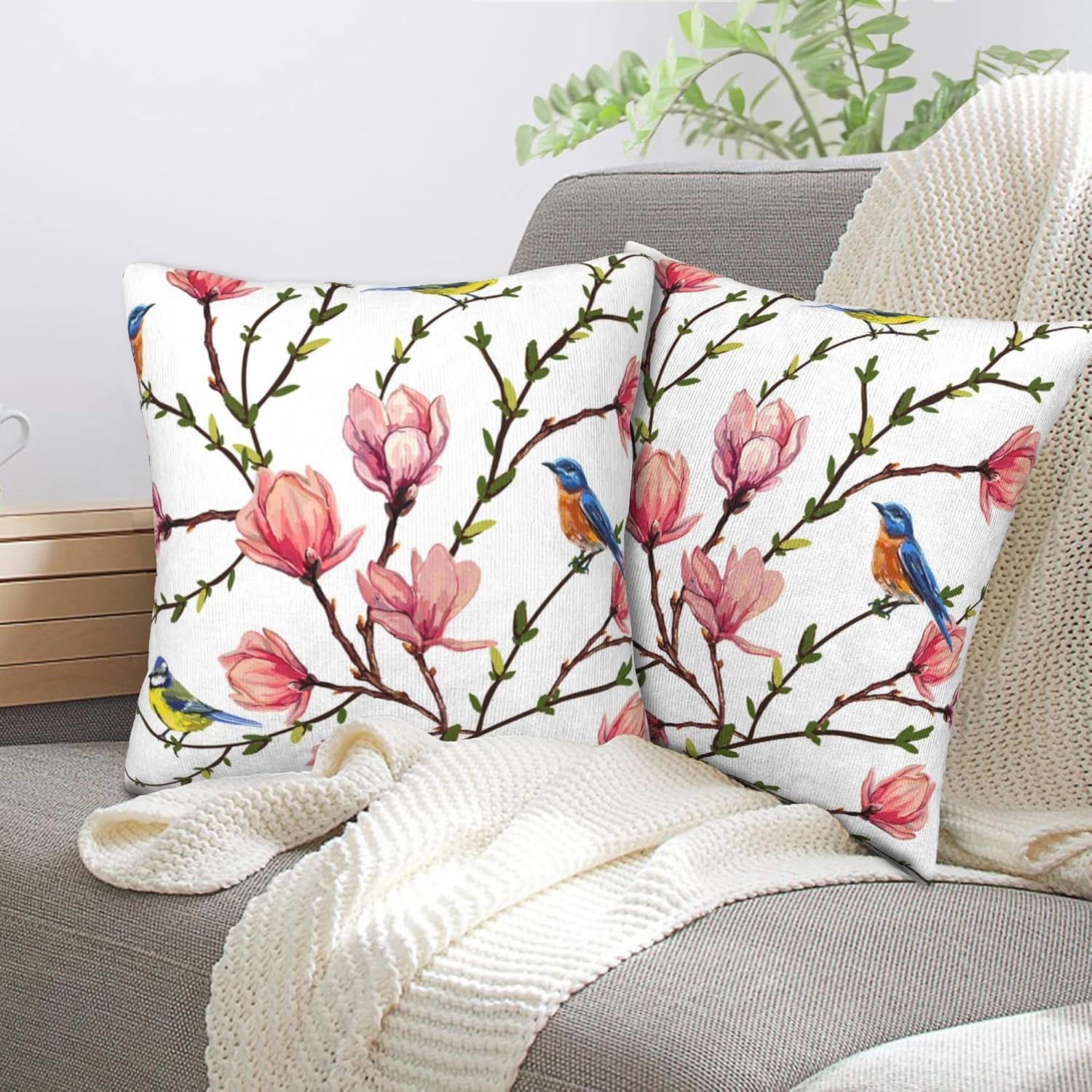 Set of 2 Birds on Magnolia Branches Throw Pillow Covers 18X18 in Tropical Flowers Decorative Throw Pillows Home Decor Pillowcase Linen Square Cushion Cover for Living Room Bedroom Bed