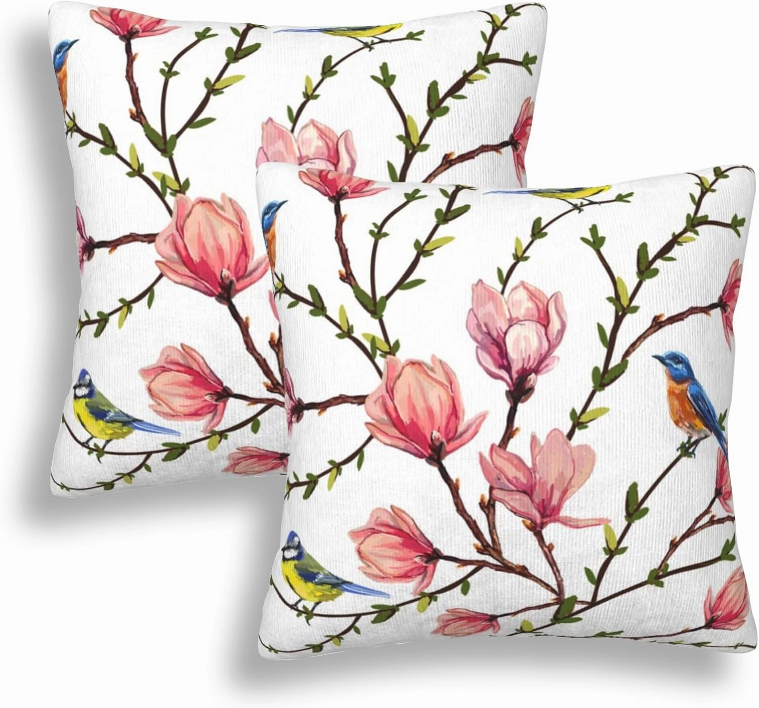 Set of 2 Birds on Magnolia Branches Throw Pillow Covers 18X18 in Tropical Flowers Decorative Throw Pillows Home Decor Pillowcase Linen Square Cushion Cover for Living Room Bedroom Bed