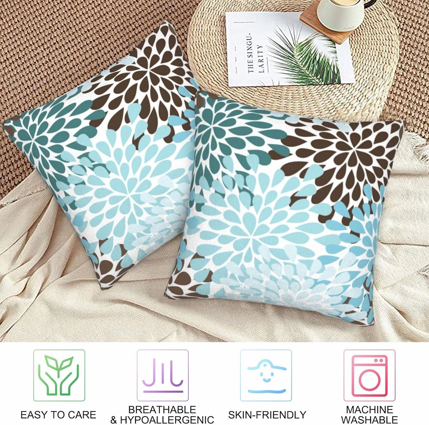 Set of 2 Blue and Brown Floral Throw Pillow Covers 18X18 in Dahlia Pinnata Flower Decorative Throw Pillows Home Decor Pillowcase Linen Square Cushion Cover for Living Room Bedroom Outdoor