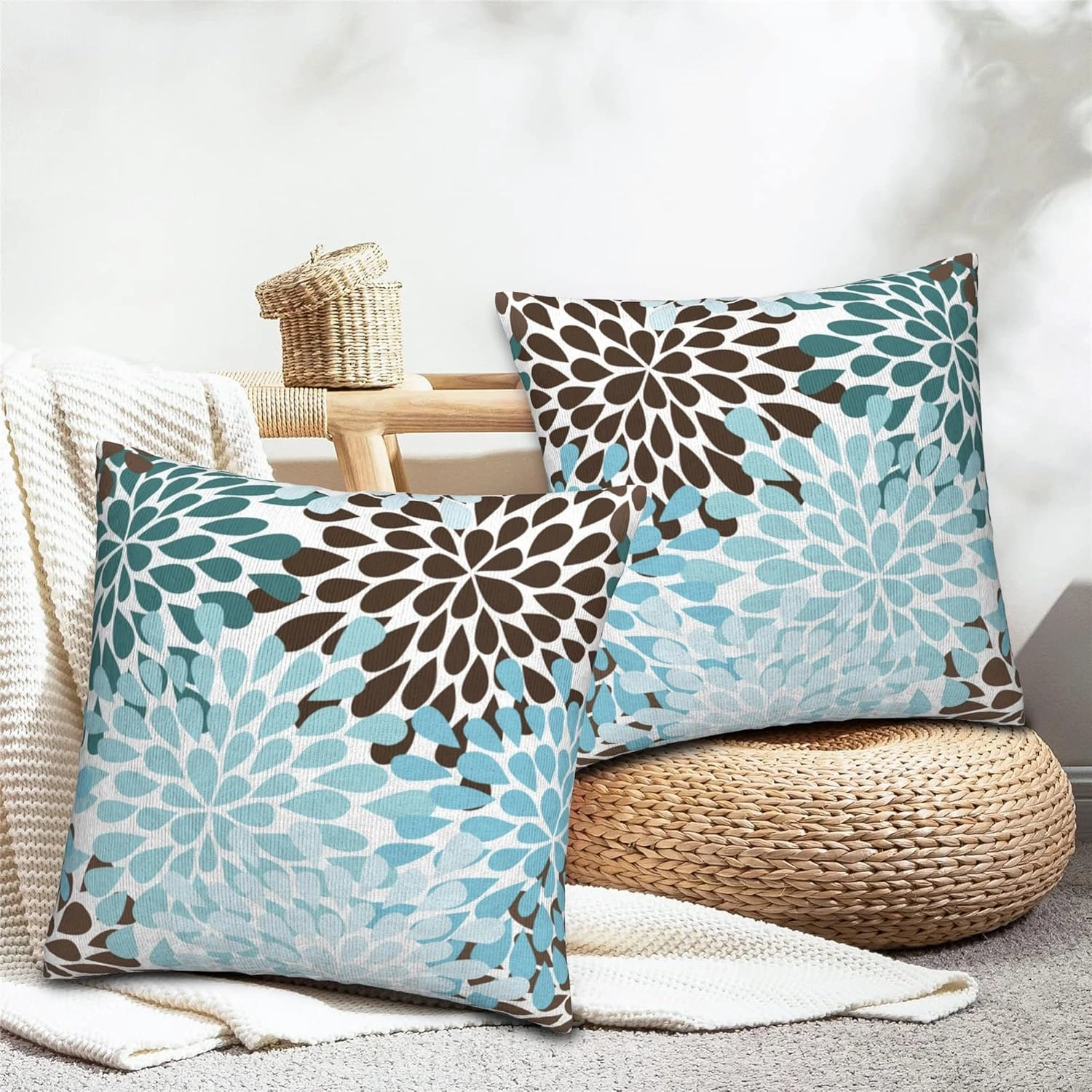 Set of 2 Blue and Brown Floral Throw Pillow Covers 18X18 in Dahlia Pinnata Flower Decorative Throw Pillows Home Decor Pillowcase Linen Square Cushion Cover for Living Room Bedroom Outdoor