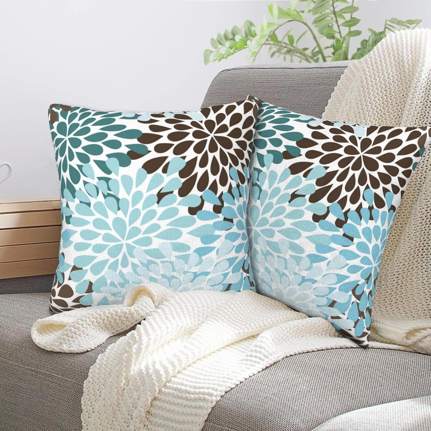 Set of 2 Blue and Brown Floral Throw Pillow Covers 18X18 in Dahlia Pinnata Flower Decorative Throw Pillows Home Decor Pillowcase Linen Square Cushion Cover for Living Room Bedroom Outdoor