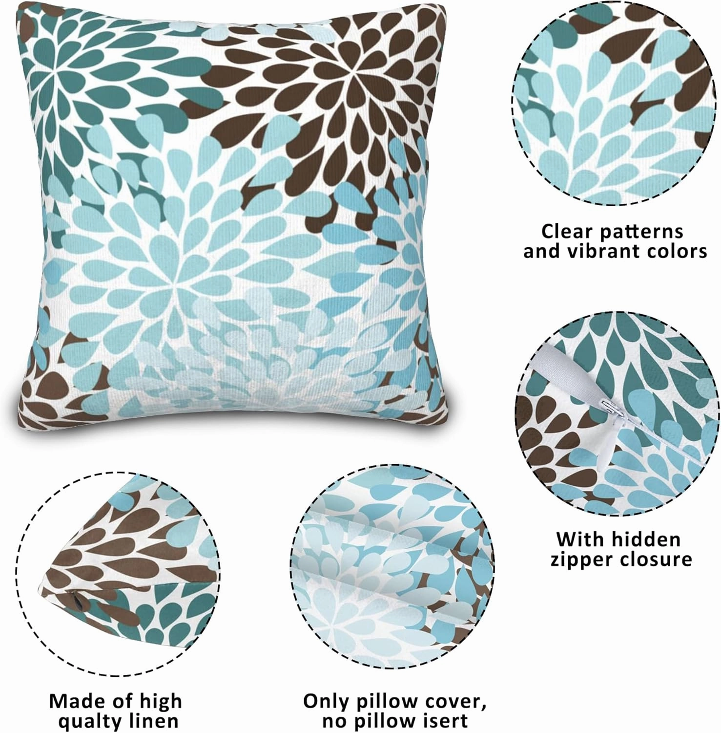 Set of 2 Blue and Brown Floral Throw Pillow Covers 18X18 in Dahlia Pinnata Flower Decorative Throw Pillows Home Decor Pillowcase Linen Square Cushion Cover for Living Room Bedroom Outdoor