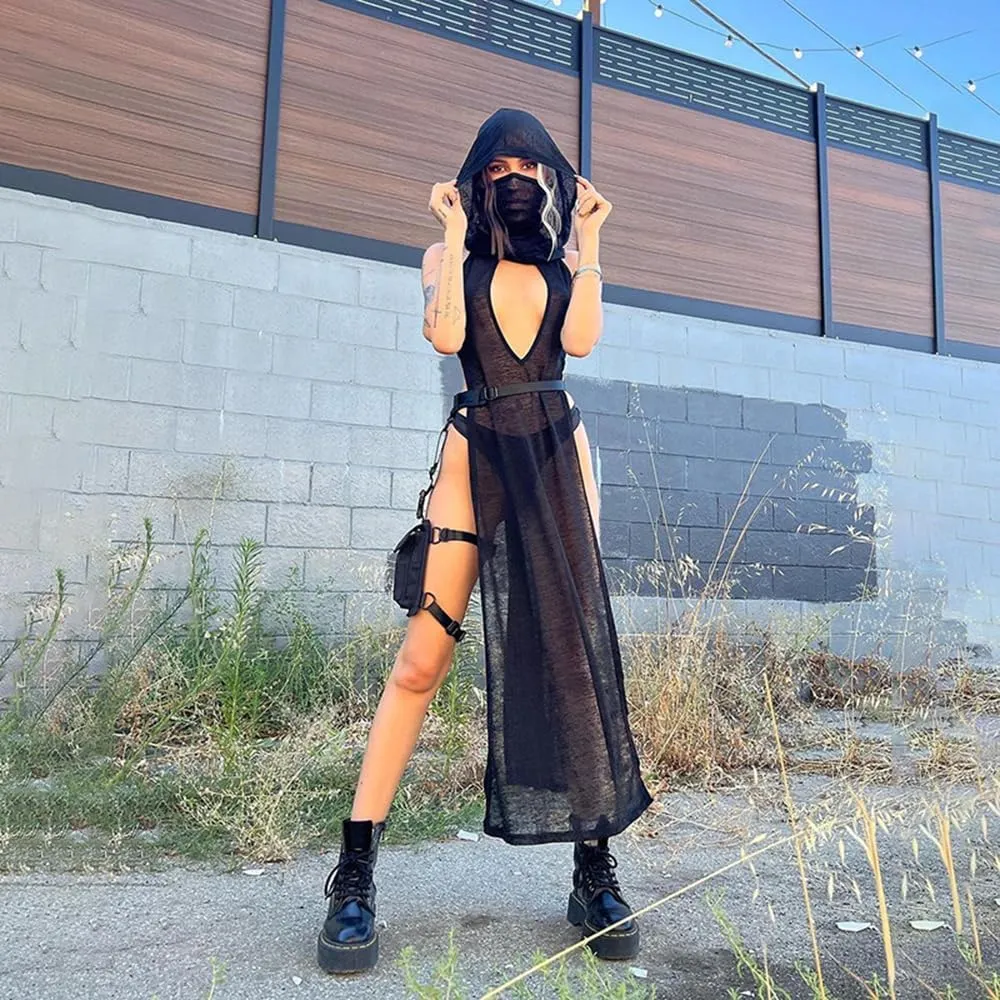 Sexy Cover Ups for Swimsuit Mock Neck Bikini Coverups High Split Dress with Hooded